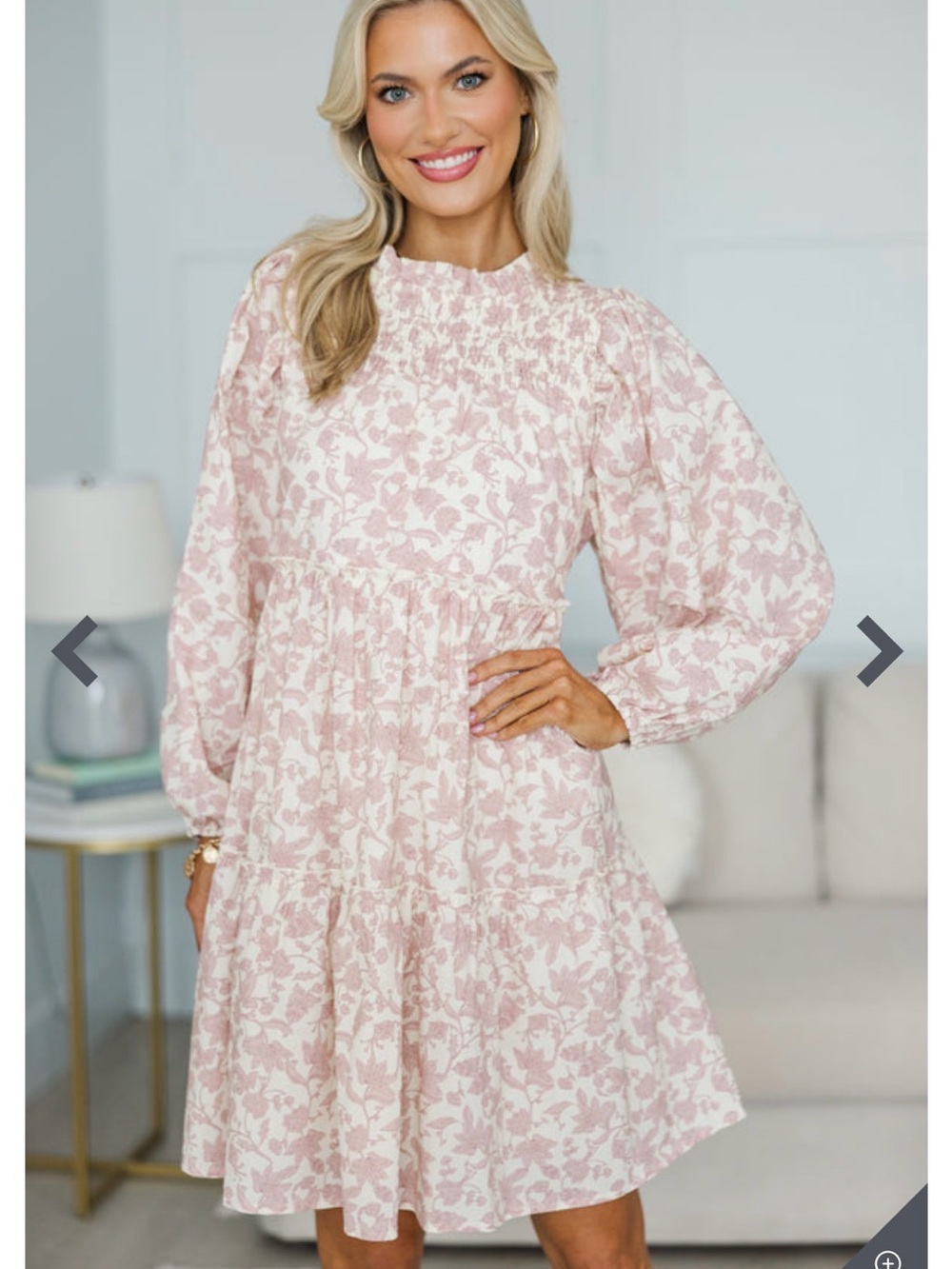 Smocked Yoke Long Sleeve Floral Dress in Blush Pink
